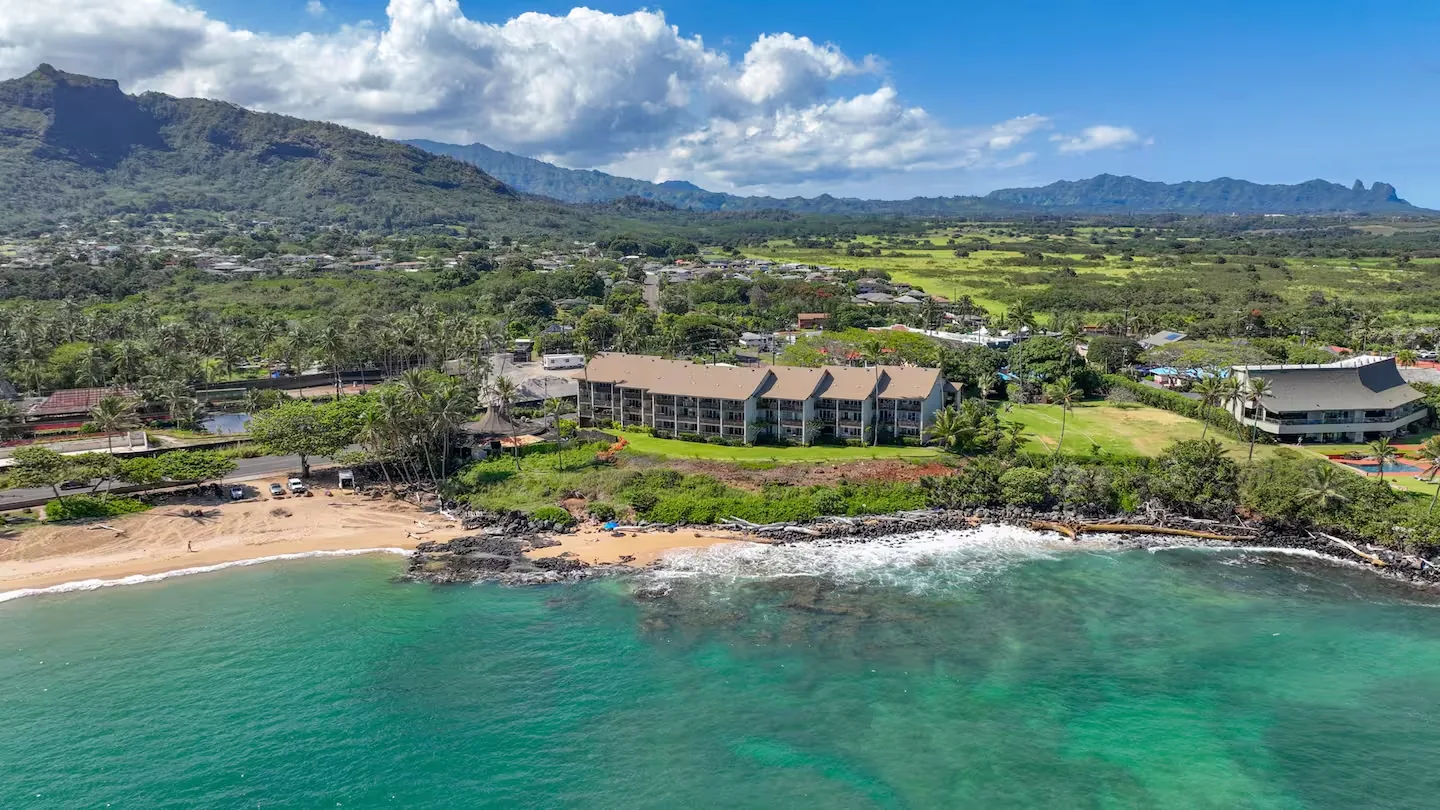 Aerial of the coast with the Sleeping Giant mountain ridge behind the property